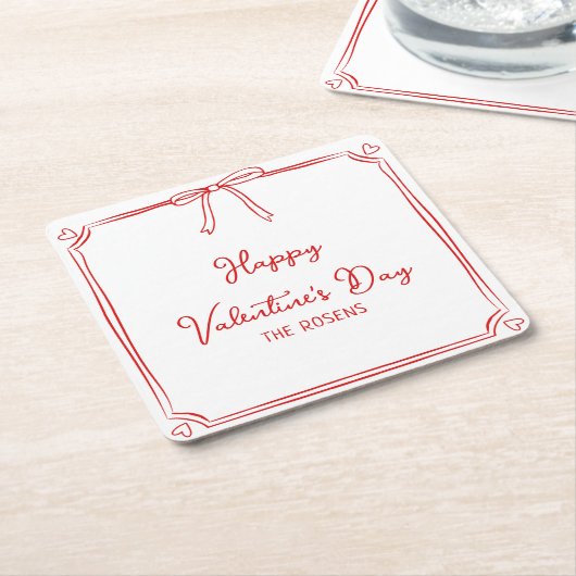 カスタムバレンタインデーパーティーかわいいレッドボウハート スクエアペーパーコースター (アングル)