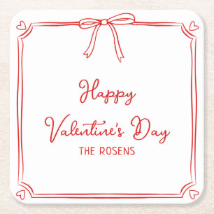 カスタムバレンタインデーパーティーかわいいレッドボウハート スクエアペーパーコースター