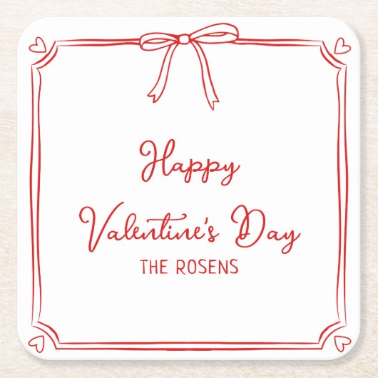 カスタムバレンタインデーパーティーかわいいレッドボウハート スクエアペーパーコースター (正面)