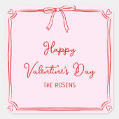 カスタムバレンタインデーパーティー赤面ピンクボウハート スクエアシール (正面)