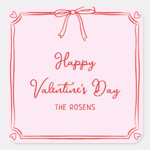 カスタムバレンタインデーパーティー赤面ピンクボウハート スクエアシール