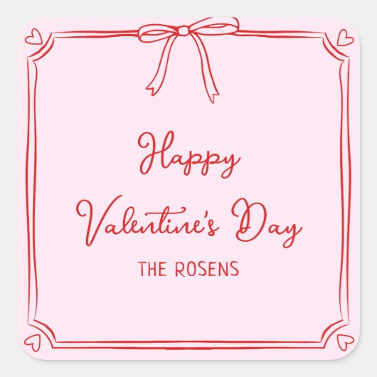 カスタムバレンタインデーパーティー赤面ピンクボウハート スクエアシール (正面)