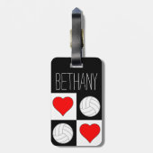 カスタムバレーボールとハート赤/白/黒バッグラベル ラゲッジタグ (裏面縦)