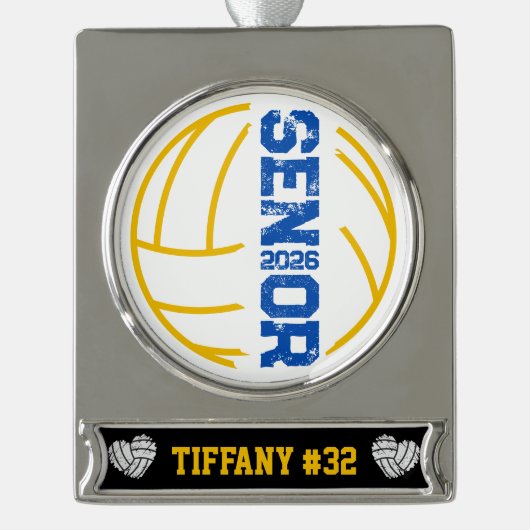 カスタムバレーボールのシニア動揺して年番号 シルバープレートバナーオーナメント (正面)