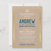 カスタムバー(ユダヤ教の)バル・ミツバー型頭が切れる金ゴールドはっきりしたクラフトブルー 招待状 (正面)