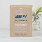 カスタムバー(ユダヤ教の)バル・ミツバー型頭が切れる金ゴールドはっきりしたクラフトブルー 招待状 (スタンド正面)