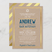 カスタムバー（ユダヤ教の）バル・ミツバー型頭が切れる金ゴールドはっきりしたクラフトブルー 招待状 (正面/裏面)