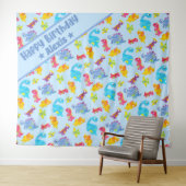 カスタムパウダーブルー かわいい恐竜 テーマ 誕生日 タペストリー (インサイチュ(横))