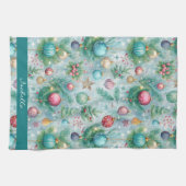カスタムパステルクリスマスツリーオーナメントホリーベリー キッチンタオル (横)