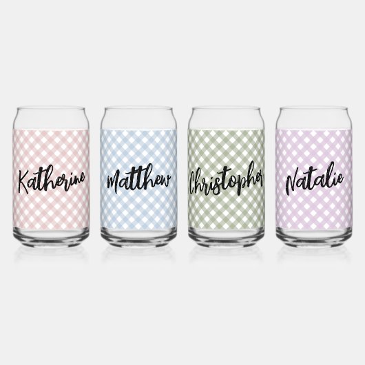 カスタムパステルピンクブルーグリーンパープルプレイドパターン ガラス缶 (正面)