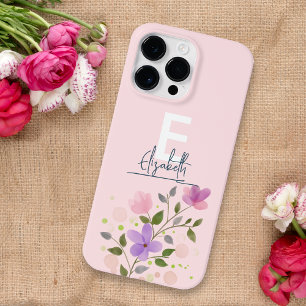 カスタムパステルフローラフレーム繊細なピンクかわいい名前 Case-Mate iPhone 14 PRO MAXケース