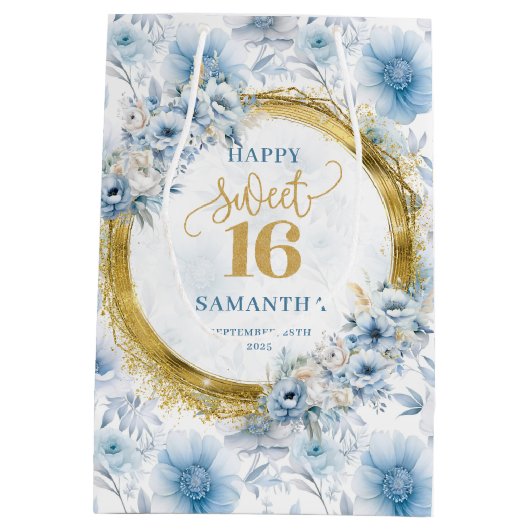 カスタムパステルブルースウィート16金ゴールドグリッター抱き枕 ミディアムペーパーバッグ (裏面)