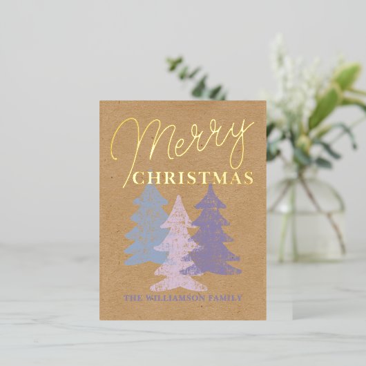 カスタムパステルブルー赤面ピンクバイオレットツリーズ金ゴールド 箔シーズンポストカード (立ち正面)