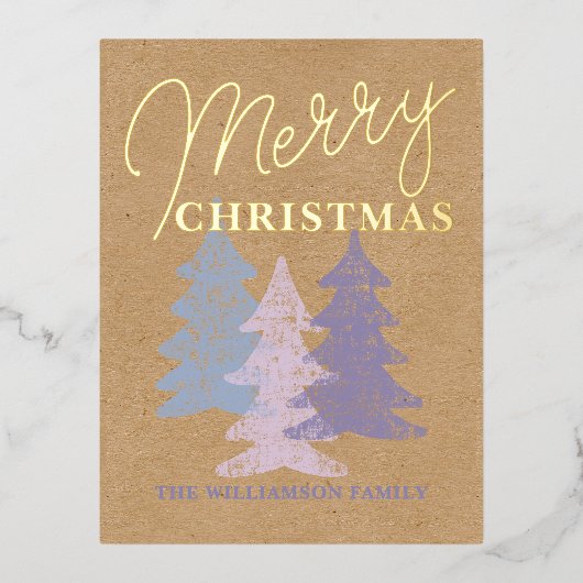 カスタムパステルブルー赤面ピンクバイオレットツリーズ金ゴールド 箔シーズンポストカード (正面)