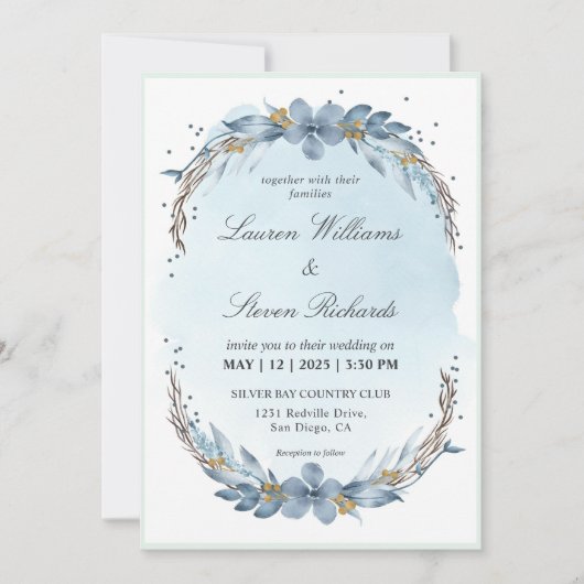 カスタムパステルホワイトライトソフトブルーウィンターブライド 招待状 (正面)