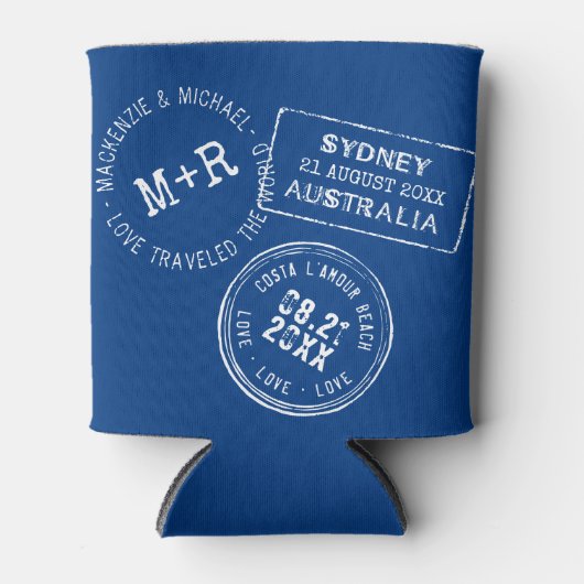 カスタムパスポート旅行切手デスティネーションウェディング 缶クーラー (正面)