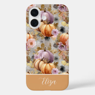 カスタムパンプキンと花のチェック柄 iPhone 16ケース
