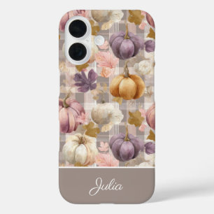 カスタムパンプキンと花のチェック柄 iPhone 16ケース