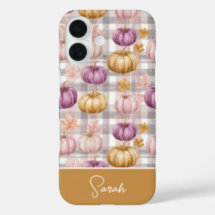 カスタムパンプキンと花のチェック柄 iPhone 16ケース