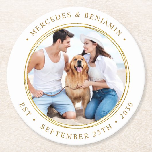 カスタムパーソナライズされた写真エレガント金ゴールド結婚の ラウンドペーパーコースター (正面)