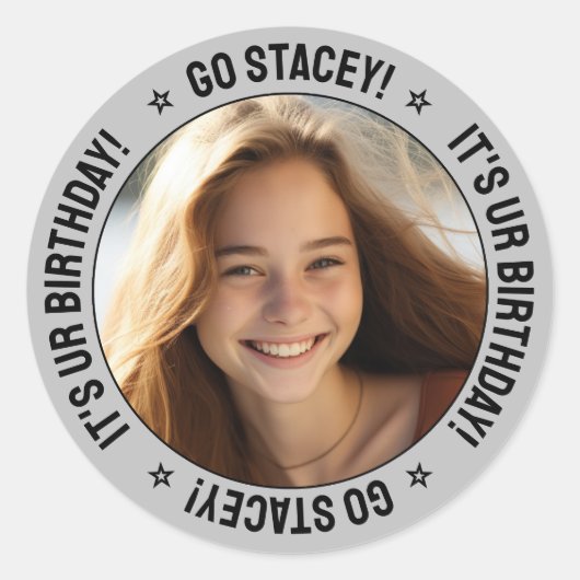 カスタムパーソナライズされた誕生日メッセージ、名前、写真 ラウンドシール (正面)