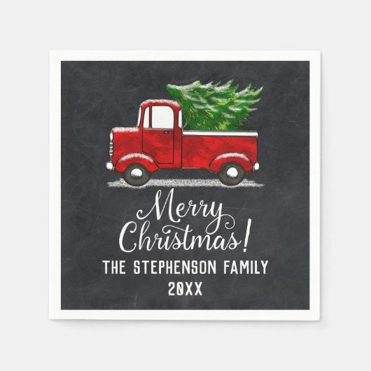 カスタムパーソナライズされた赤トラックの木メリークリスマス スタンダードカクテルナプキン (正面)