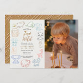 カスタムパーティー動物ドードルさん2歳の誕生日 招待状 (正面/裏面)