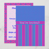 カスタムパーティー招待状 マゼンタ 青 ポルカドット ストライプ 招待状 (正面/裏面)