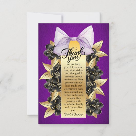 カスタムパープルと金ゴールドのフローラの結婚記念日 サンキューカード (正面)