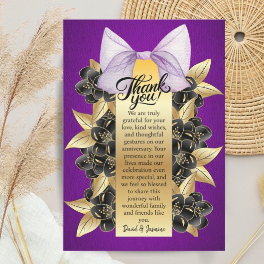 カスタムパープルと金ゴールドのフローラの結婚記念日 サンキューカード