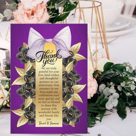 カスタムパープルと金ゴールドのフローラの結婚記念日 サンキューカード