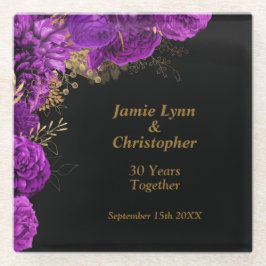 カスタムパープルフローラ結婚記念日 ガラスコースター