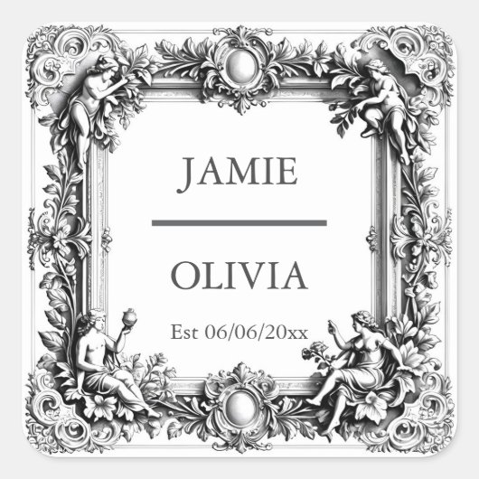 カスタムビクトリアンスクロールフレームナプキン結婚- スクエアシール (正面)