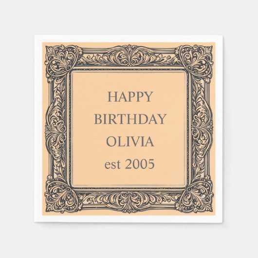 カスタムビクトリアンスクロール枠ナプキンエレガント桃 スタンダードカクテルナプキン (正面)
