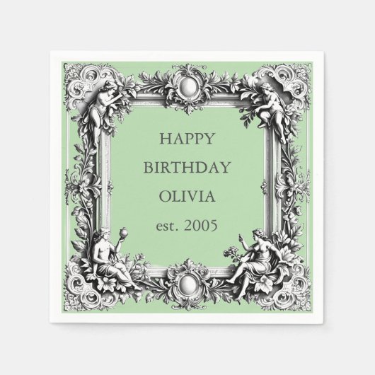 カスタムビクトリアンスクロール枠ナプキン – セージ緑 スタンダードカクテルナプキン (正面)