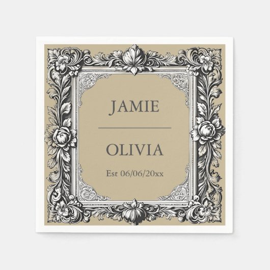 カスタムビクトリアンスクロール枠ナプキン – mocha brown スタンダードカクテルナプキン (正面)
