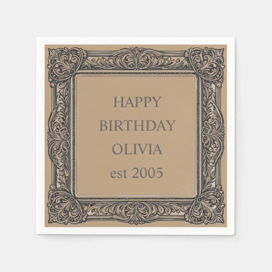 カスタムビクトリアンスクロール枠ナプキン – mocha brown スタンダードカクテルナプキン (正面)