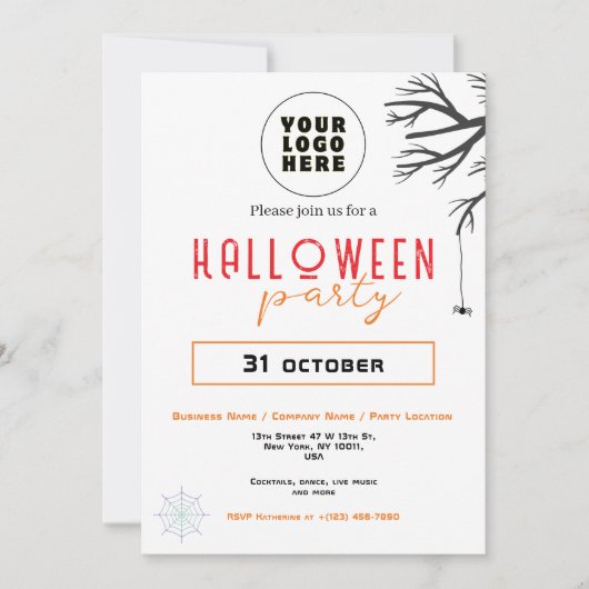カスタムビジネスのロゴと文字モダンハローウィンパーティ 招待状 (正面)