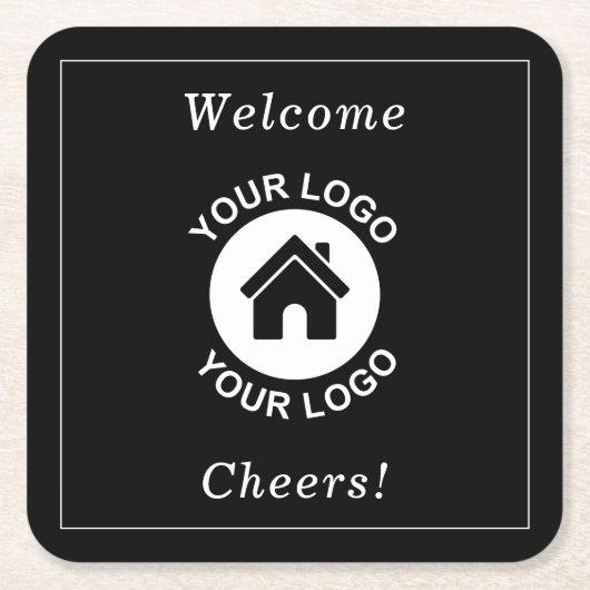 カスタムビジネスのロゴ文字プロモーションブラック スクエアペーパーコースター (正面)