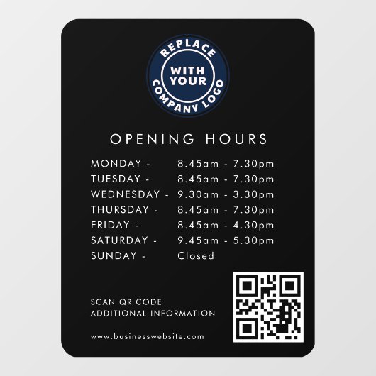 カスタムビジネスロゴQRコード営業時間ブラック ウィンドウサイン (シート)