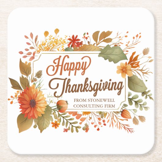 カスタムビジネス感謝祭パーティー秋花 スクエアペーパーコースター (正面)