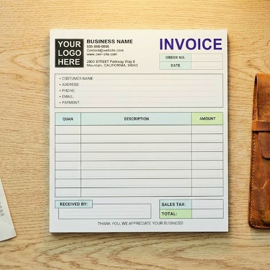 カスタムビジネス請求書フォーム、会社ロゴ ノートパッド