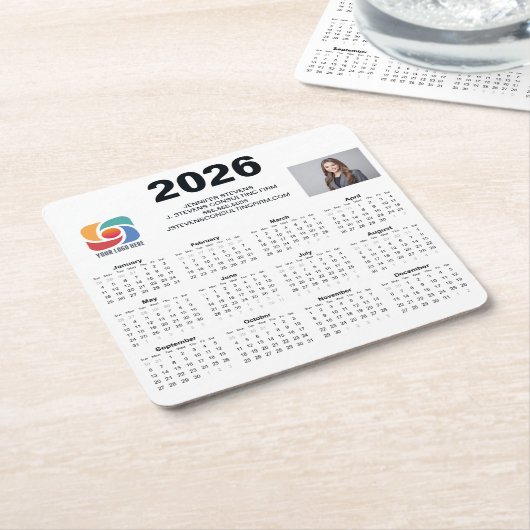 カスタムビジネス ロゴ 2026 会社カレンダー スクエアペーパーコースター (アングル)