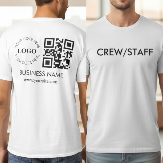 カスタムビジネスQRコードロゴ表裏クルースタッフ Tシャツ