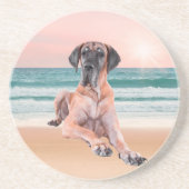 カスタムビーチに座って可愛いグレートデーンドッグ コースター (正面)
