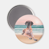 カスタムビーチに座って可愛いグレートデーンドッグ マグネット (正面/裏面)