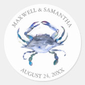 カスタムビーチ結婚式ラベルブルーカニ ラウンドシール (正面)