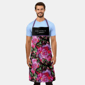 カスタムピンクとブラックの水彩明るい赤紫色開花 エプロン (着用した状態)