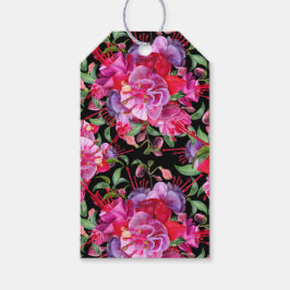 カスタムピンクとブラックの水彩明るい赤紫色開花 ギフトタグ