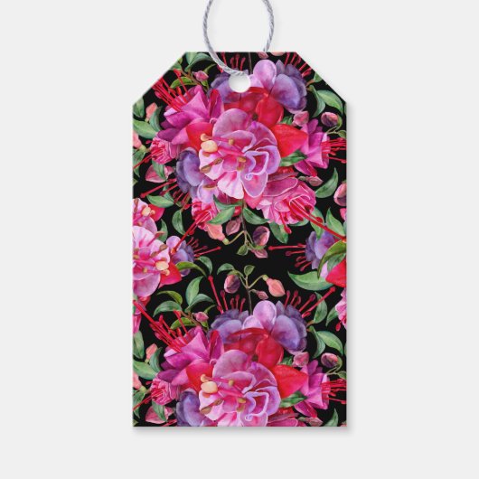 カスタムピンクとブラックの水彩明るい赤紫色開花 ギフトタグ (正面)